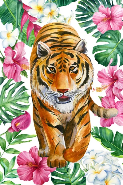 Плакат Тропічним Листям Тигром Акварельна Ілюстрація Квітковий Дизайн Джунглів Високоякісна — стокове фото