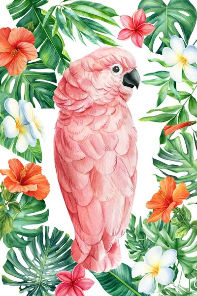 Poster with tropical leaves and pink parrot. Watercolor illustration, floral jungle design. greeting card. High quality illustration