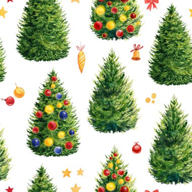 Festive seamless pattern with watercolor Christmas tree. Design for Happy New Year and Christmas print. High quality illustration