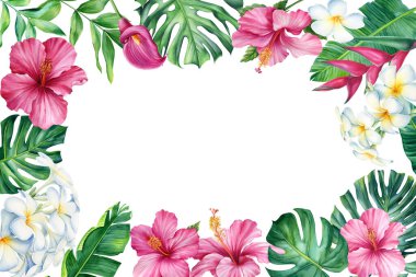 Frame from watercolor palm leaves and flowers on isolated white background, wedding floral design. High quality illustration