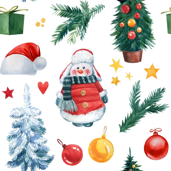 Snowman Festive Seamless Pattern Watercolor Winter Holiday High Quality Illustration — Stockfoto