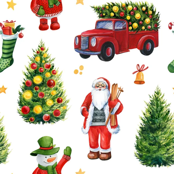 Holiday Seamless Pattern Watercolor Red Car Fir Tree Santa Claus — Stockfoto