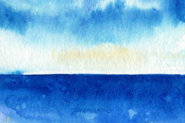 Landscape with sea, sky. Hand drawn blue background. Watercolor painting illustration. High quality illustration