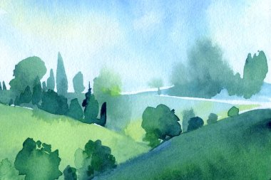 Landscape with forest, field, blue sky. Hand drawn nature background. Watercolor painting illustration. High quality illustration