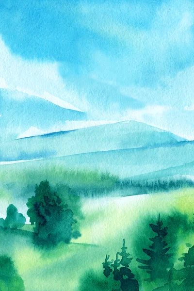 Blue Landscape Mountains Sky Clouds Green Meadow Hand Drawn Nature — 스톡 사진