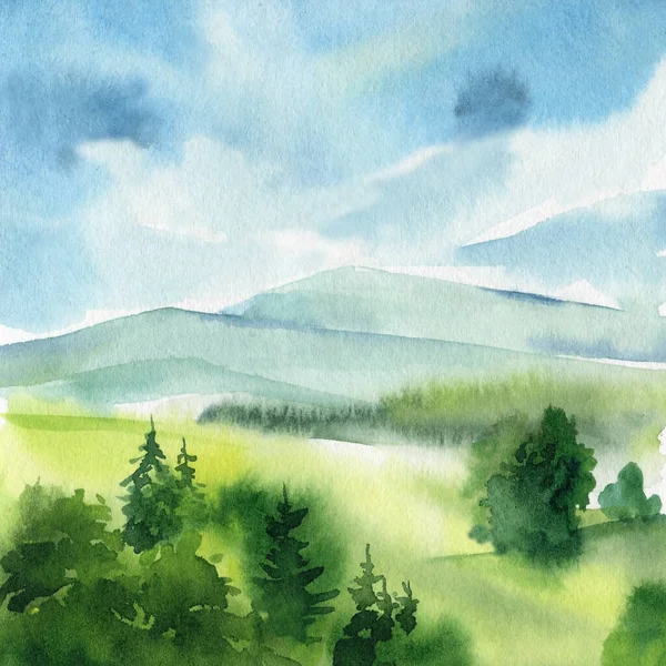 Watercolor Landscape with mountains, blue sky, clouds, green meadow. Hand drawn painting illustration. High quality illustration