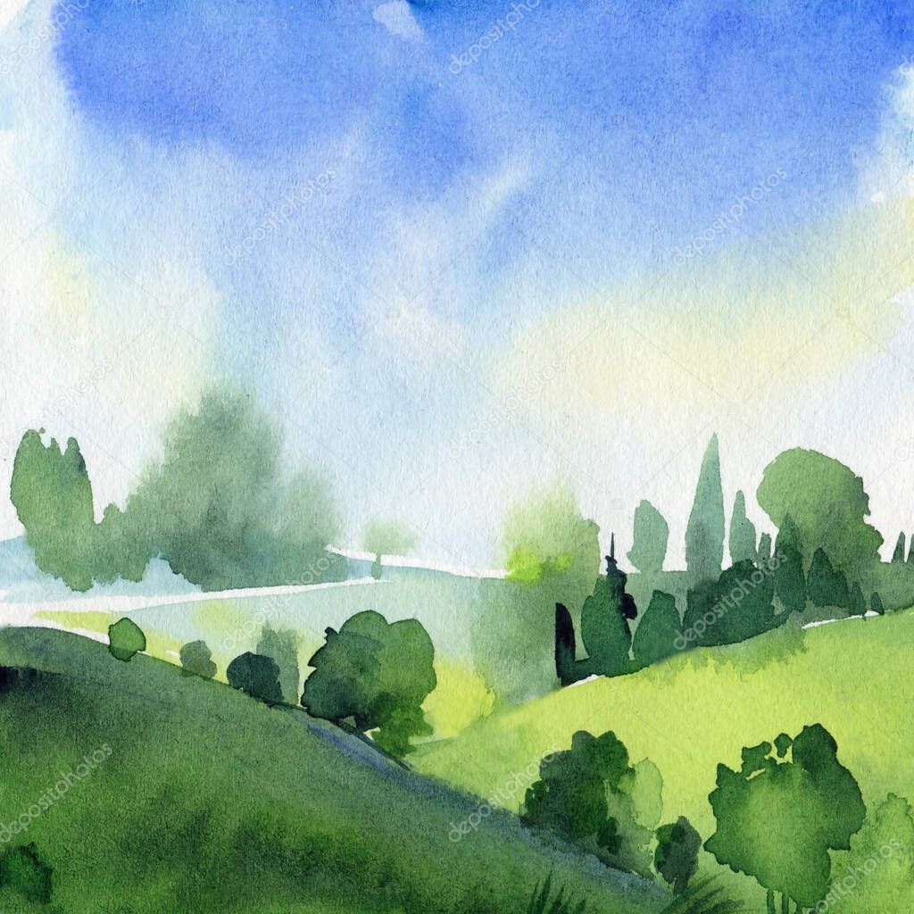 Landscape with mountains, blue sky, clouds, green meadow. Hand drawn nature background. watercolor painting illustration. High quality illustration