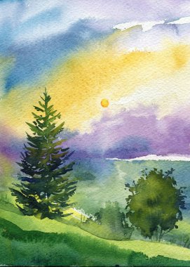 Spruce, watercolor landscape. Sun rays morning. Watercolor hand drawn painting illustration. High quality illustration