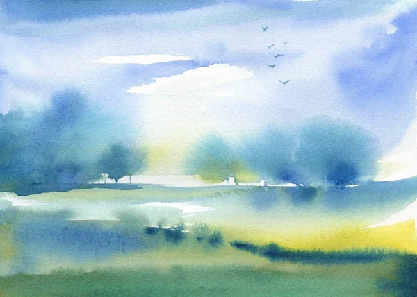 Foggy Morning Spring Watercolor Landscape Forest Field Nature Illustration High — 스톡 사진