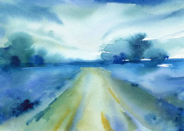 Blue Watercolor Landscape Road Field Nature Illustration High Quality Illustration — 스톡 사진