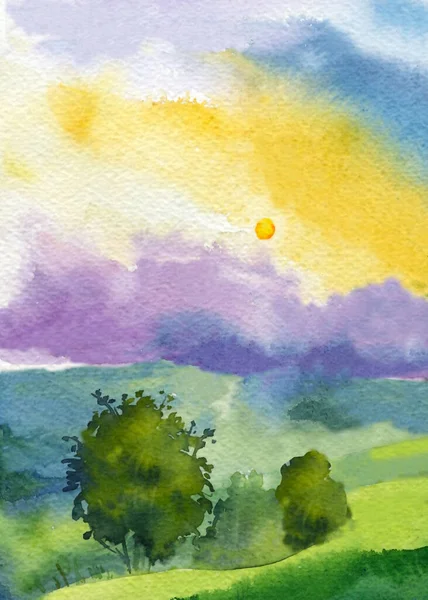 Spring watercolor landscape, forest, field. Nature illustration. High quality illustration