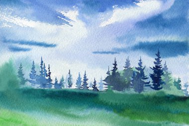 Landscape with mountains, blue sky, clouds, green field. Watercolor hand drawn horizontal illustration. High quality illustration
