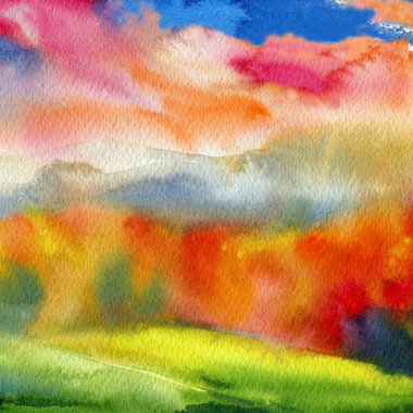 Landscape, abstract painting, Watercolor autumn trees of yellow, red, orange color. High quality illustration