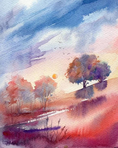 Sunset, lush purple clouds, blue sky, beautiful romantic watercolor landscape illustration. High quality illustration