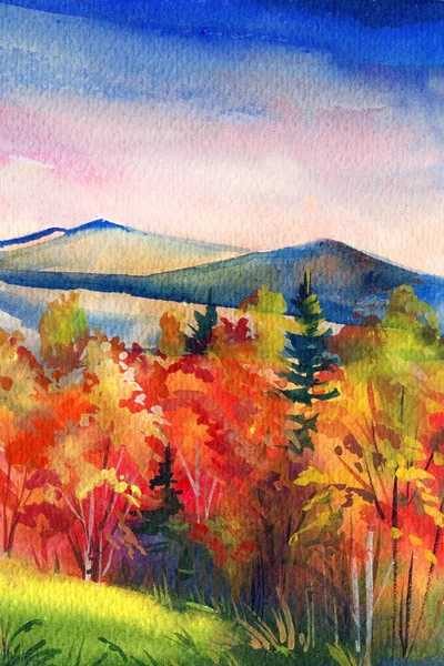 Landscape Autumn Watercolor Mountain Clipart Home Decor High Quality Illustration —  Fotos de Stock