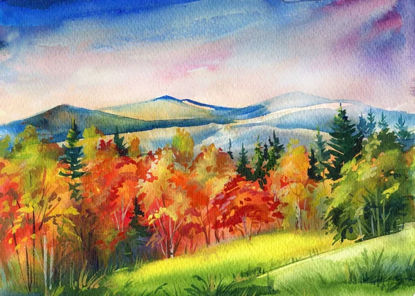 Landscape Autumn Mountains Forests Sky Nature Forest Watercolor Autumn Trees — Stock Photo, Image