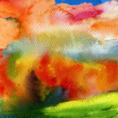 Landscape, Autumn Mountains Forests and Sky. Nature forest, autumn watercolor wallpaper pictures. High quality illustration