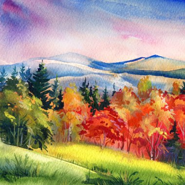 Landscape, Autumn Mountains Forests and Sky. Nature forest, autumn watercolor wallpaper pictures. High quality illustration