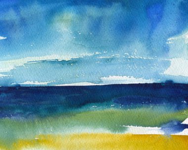 Landscape with sea, sky. Hand drawn blue background. Watercolor painting illustration. High quality illustration