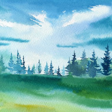 Landscape with mountains, sky, clouds, field, nature background. Watercolor hand drawn illustration. High quality illustration