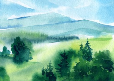 Landscape with mountains, blue sky, clouds, green field. Hand drawn nature background. watercolor painting illustration. High quality illustration