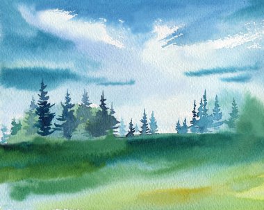 Landscape with mountains, blue sky, clouds, green field. Hand drawn nature background. watercolor painting illustration. High quality illustration