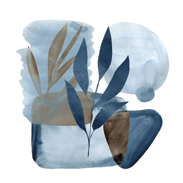 Watercolor Dark Blue Leaves Geometric Elements Isolated White Background Indigo — Stok fotoğraf