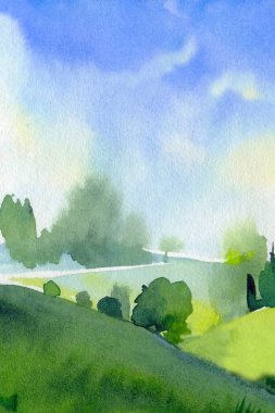 Landscape with blue sky, clouds, green meadow. Nature background. watercolor illustration. High quality illustration