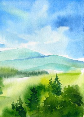 Landscape with mountains, blue sky, clouds, green meadow. Hand drawn nature background. watercolor painting illustration. High quality illustration