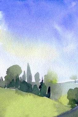 Watercolor summer Landscape with mountains, blue sky, clouds, forest, field. Hand drawn nature illustration. High quality illustration