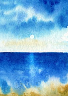 Watercolor landscape with sea, sun and blue sky,. Hand drawn nature background. Painting illustration. High quality illustration