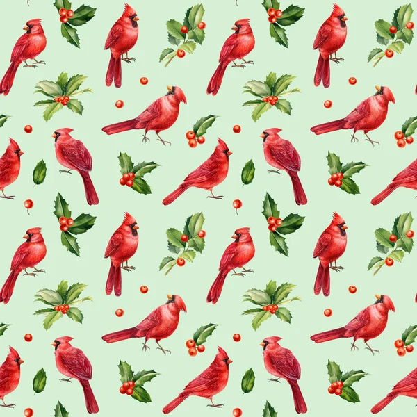 Seamless Pattern Birds Leaves Holly Berries Hand Drawn Watercolor Red — 图库照片