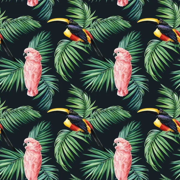 Тропическая Птица Тукан Попугай Зеленые Пальмовые Листья Акварель Иллюстрация Ботаническая — стоковое фото