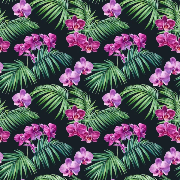 Seamless Pattern Tropical Plants Flowers Green Leaves Watercolor Illustration Botanical — Zdjęcie stockowe