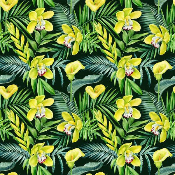 Yellow Lowers Palm Leaves Seamless Pattern Tropical Plants Watercolor Illustration — Stok fotoğraf
