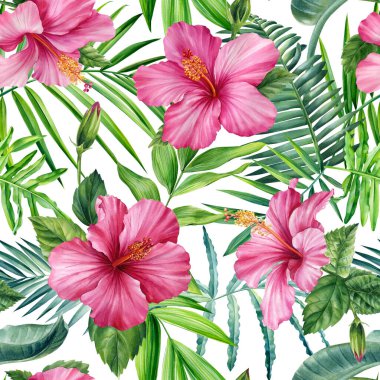 Flowers and palm leaves, seamless pattern tropical plants watercolor illustration, jungle design. High quality illustration
