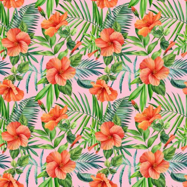 Flowers and palm leaves, seamless pattern tropical plants watercolor illustration, jungle design. High quality illustration