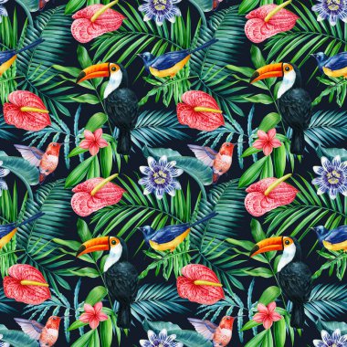 Tropical bird, toucan and parrot, green palm leaves watercolor illustration, botanical painting, seamless pattern design. High quality illustration