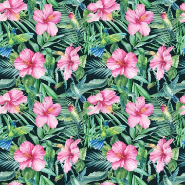 Hummingbird and tropical flower, seamless pattern, watercolor illustration, jungle design. High quality illustration