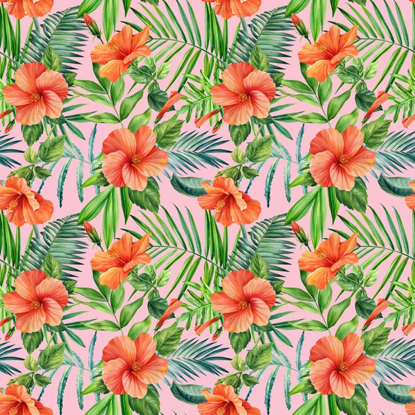 Flowers Palm Leaves Seamless Pattern Tropical Plants Watercolor Illustration Jungle — Stok fotoğraf