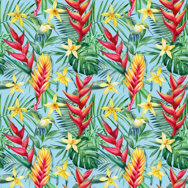 Hummingbird Tropical Flower Seamless Pattern Watercolor Illustration Jungle Design High —  Fotos de Stock