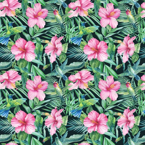 Колибри Тропический Цветок Бесшовный Узор Акварель Дизайн Джунглей Высокое Качество — стоковое фото