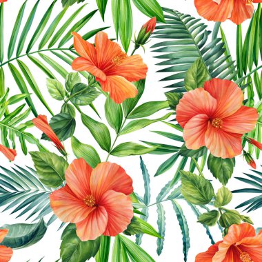 Flowers and palm leaves, seamless pattern tropical plants watercolor illustration, jungle design. High quality illustration