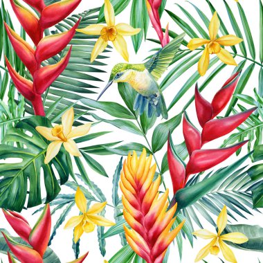 Hummingbird and tropical flower, seamless pattern, watercolor illustration, jungle design. High quality illustration