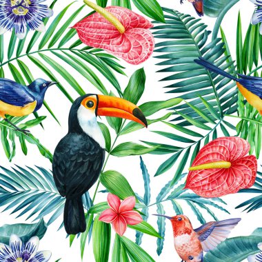 Toucan and parrot, green palm leaves watercolor illustration, botanical painting, Tropical bird seamless pattern . High quality illustration