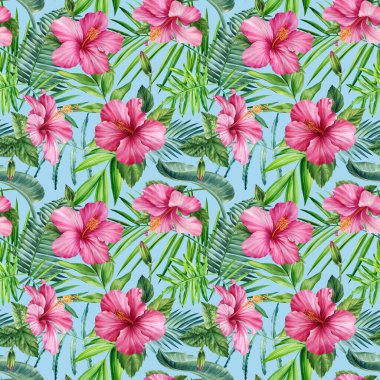 Flowers and palm leaves, seamless pattern tropical plants watercolor illustration, jungle design. High quality illustration
