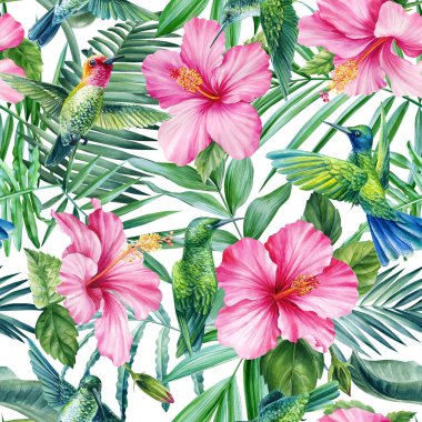Hummingbird and tropical flower, seamless pattern, watercolor illustration, jungle design. High quality illustration