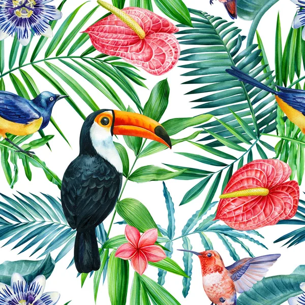 Toucan Parrot Green Palm Leaves Watercolor Illustration Botanical Painting Tropical —  Fotos de Stock