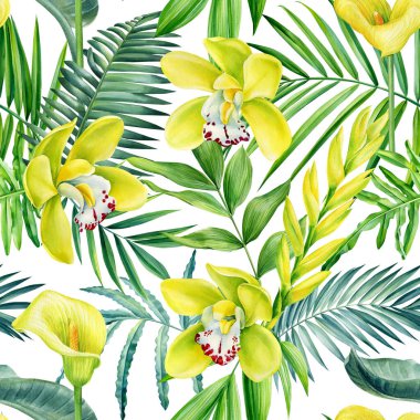Yellow flowers and palm leaves, seamless pattern tropical plants watercolor illustration, jungle design. High quality illustration