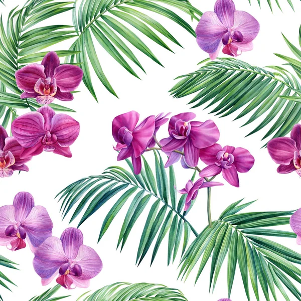 Purple orchid flowers and palm leaves watercolor illustration, botanical painting, seamless pattern . High quality illustration